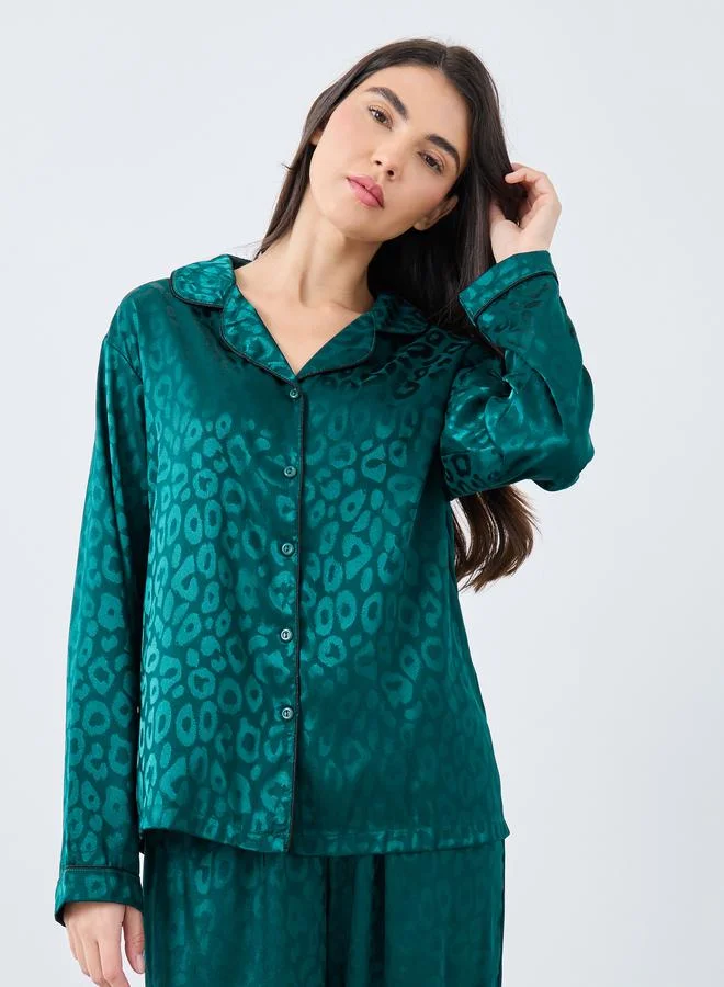 Styli Styli Satin Jacquard Animal Print Shirt and Pyjama Set