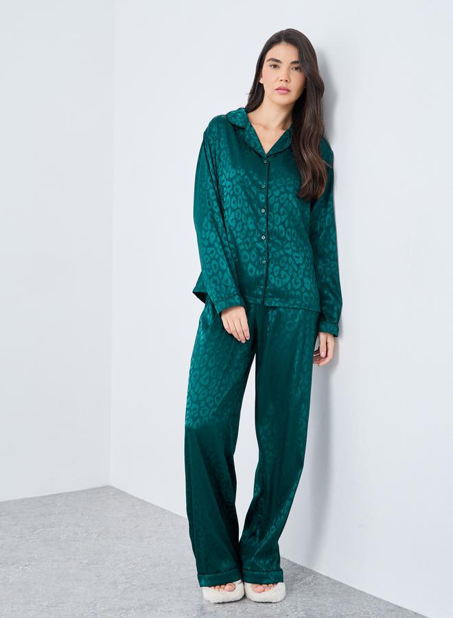 ستايلي طقم بيجامة وقميص ساتان جاكار بنقشة حيوانات - Image 1