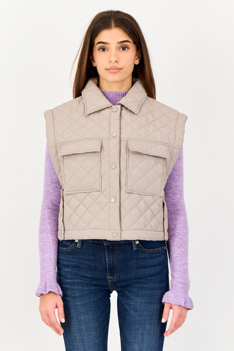 Andrew Marc Women Quilted Jacket Vest, Taupe - Image 1