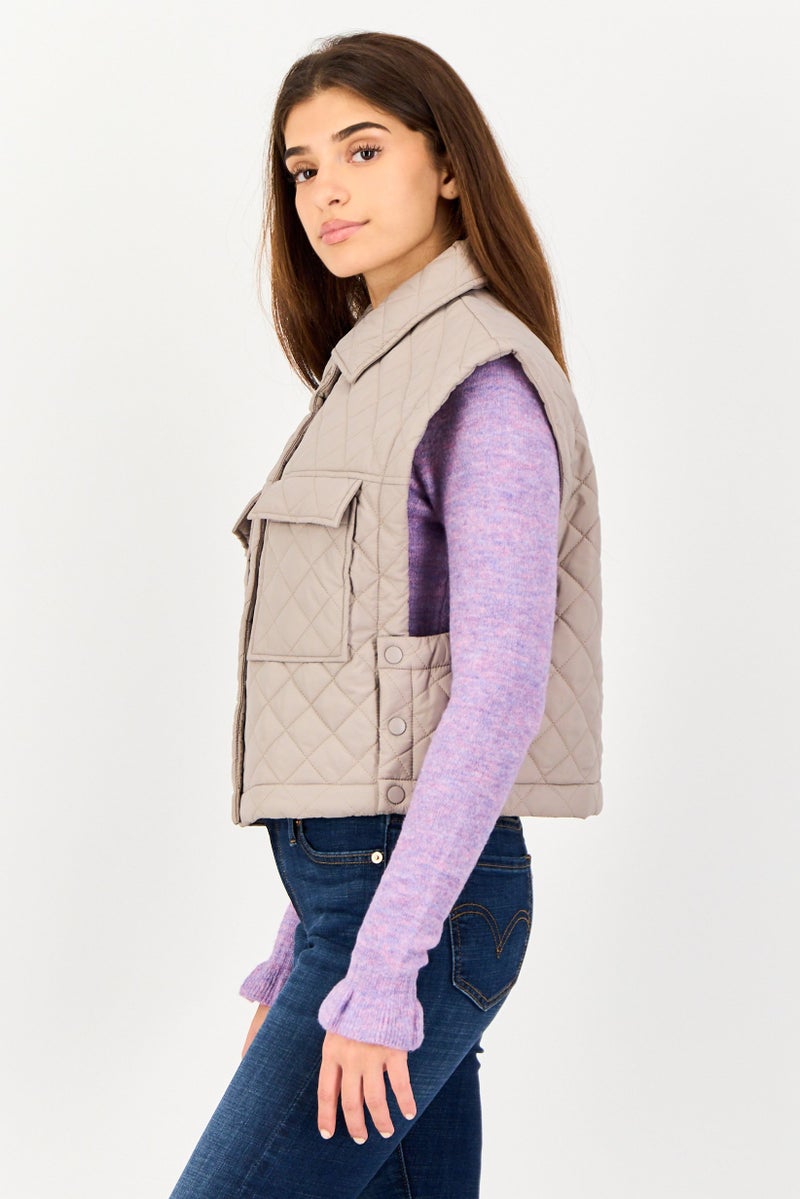 Andrew Marc Women Quilted Jacket Vest, Taupe - Image 4