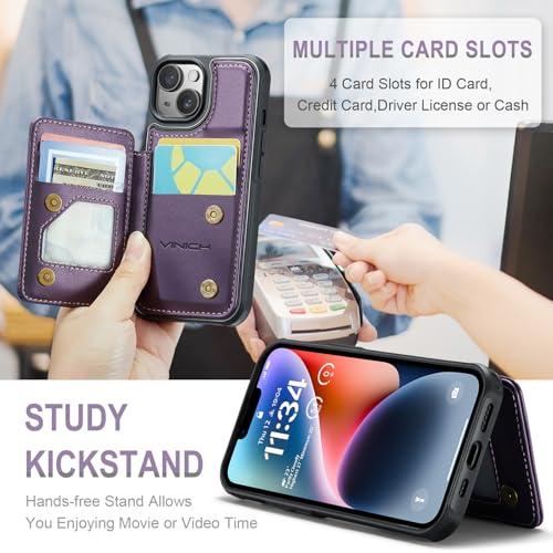 Vinich for iPhone 15 Wallet Case with Card Holder, RFID Blocking Credit Slots Kickstand Shockproof Phone Cover Fit for iPhone 15 6.1" Purple - Image 4