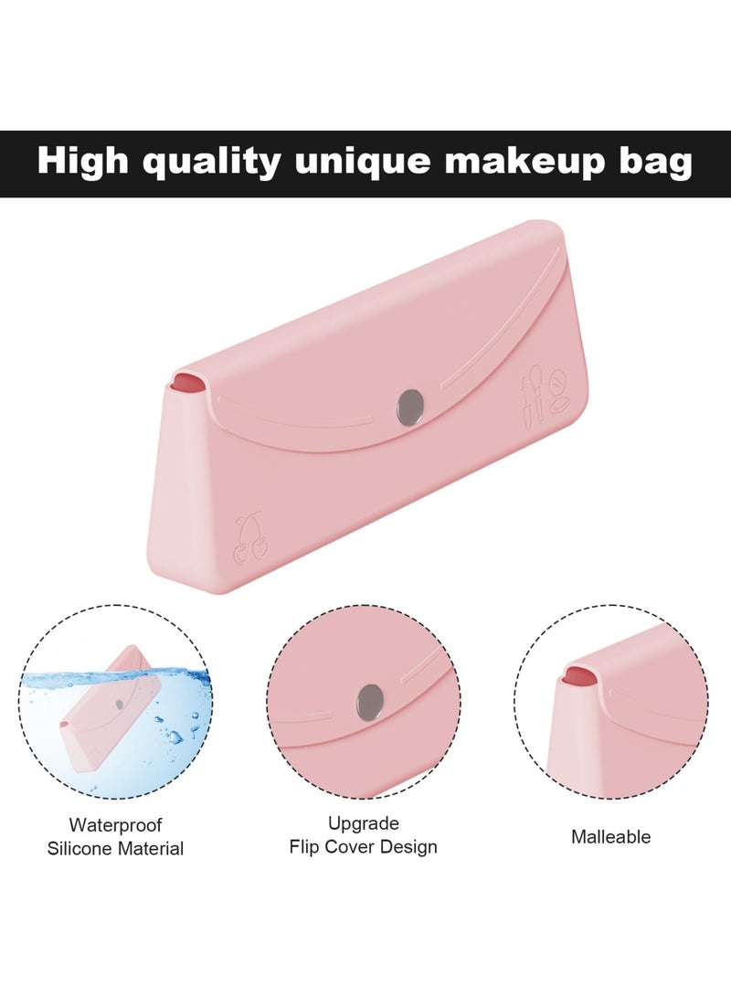 Excefore Travel Makeup Brush Holder, Silicone Makeup Brush Case Holder, Portable Make Up Brush Organizer Travel Case, Flip Cover Tools Organizer for Extra Size Brushes (Pink) - Image 4