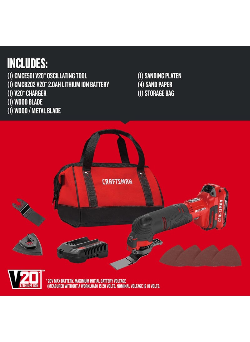 CRAFTSMAN CRAFTSMAN V20 Cordless Oscillating Tool Kit MultiTool with Blades Sand Paper Battery and Charger Included CMCE501D1  - Image 2
