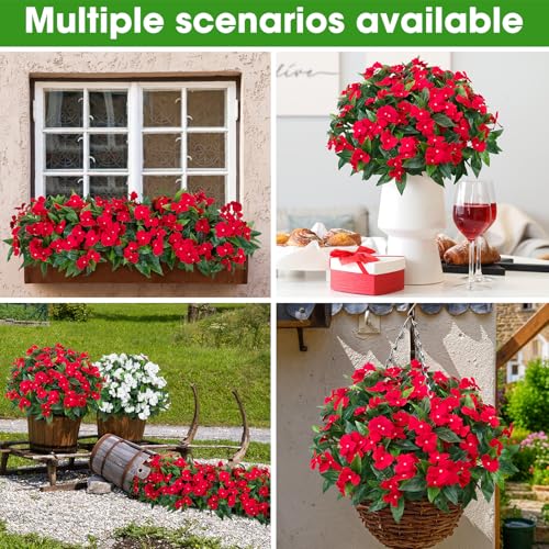 Besteek 5 Pcs Artificial Flowers for Outdoors Silk Impatiens Flowers Bouquet Decorations Fake Faux Plants UV Resistant for Spring Summer Garden Patio Porch Window Box Balcony Planters Home, Red - Image 5