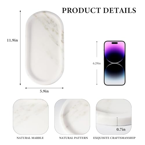 Koville Natural Marble Tray for Bathroom Countertop, Marble Storage Trays for Perfume, Cosmetics, Jewelry, Vanity Tray Stone Trays for Kitchen, Decorative Tray for Dresser Organizer(Calacatta White) - Image 2