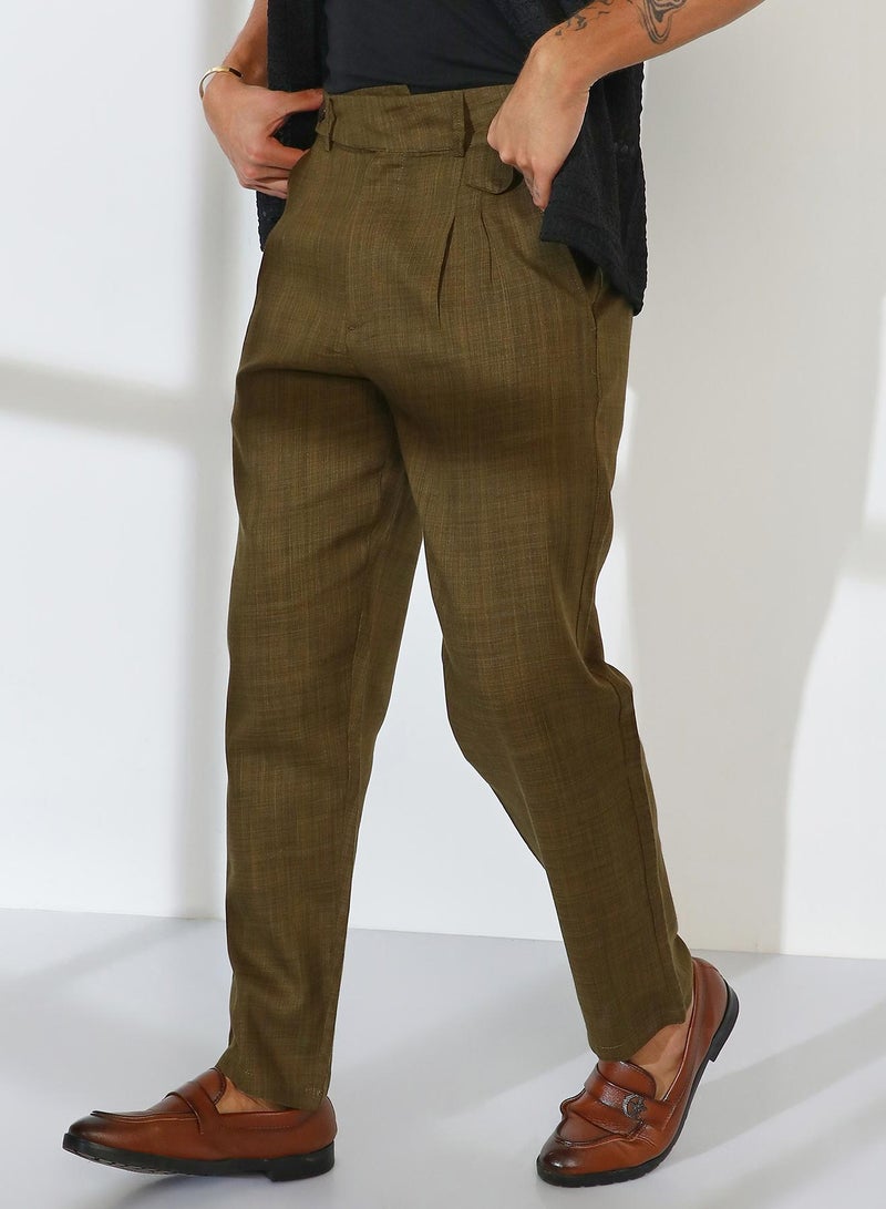 Campus Sutra Campus Sutra Men's Moss Green Tailored Linen-Blend Trousers For Casual Wear | Mid-Rise | 2 Pockets | Button Closure | Trousers Crafted With Comfort Fit For Everyday Wear - Image 1