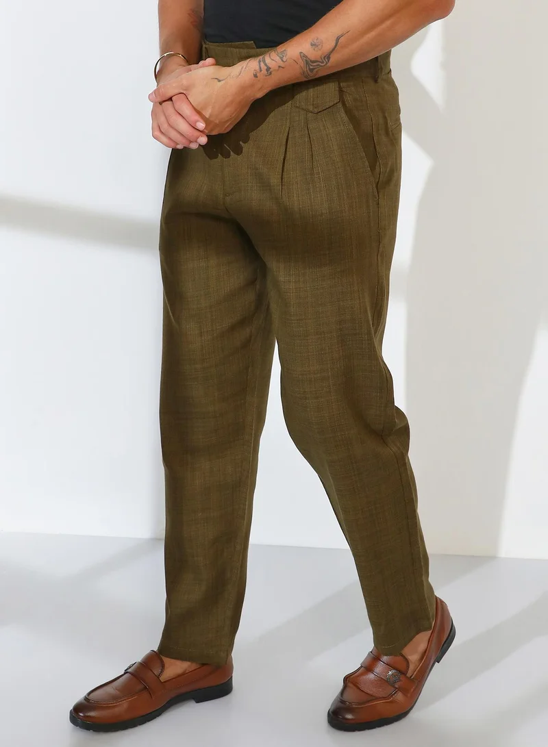 Campus Sutra Campus Sutra Men's Moss Green Tailored Linen-Blend Trousers For Casual Wear | Mid-Rise | 2 Pockets | Button Closure | Trousers Crafted With Comfort Fit For Everyday Wear