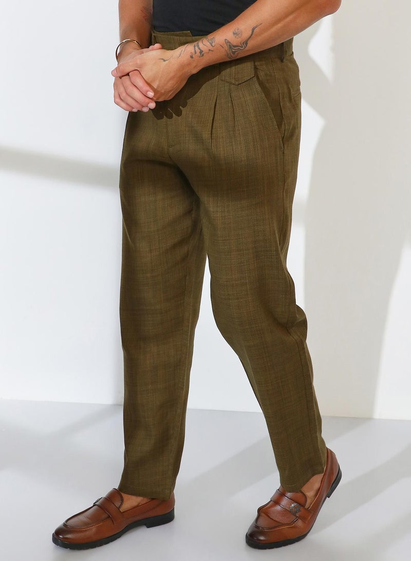 Campus Sutra Campus Sutra Men's Moss Green Tailored Linen-Blend Trousers For Casual Wear | Mid-Rise | 2 Pockets | Button Closure | Trousers Crafted With Comfort Fit For Everyday Wear - Image 3