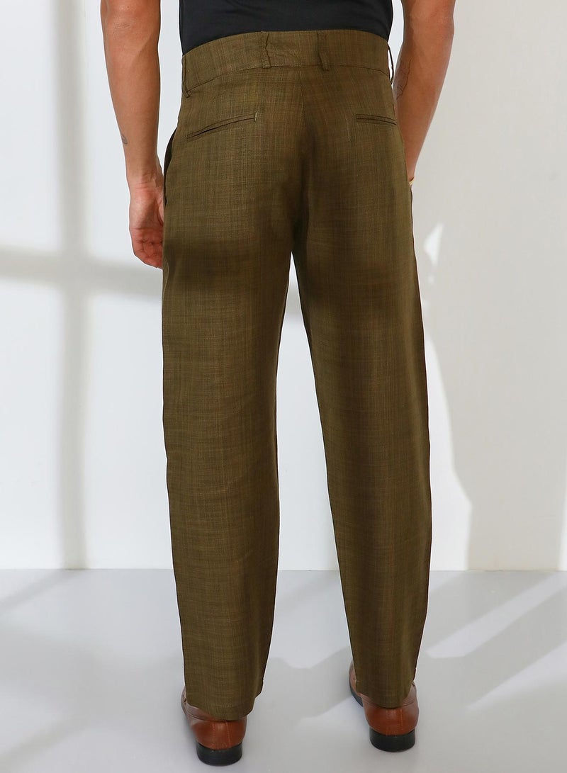 Campus Sutra Campus Sutra Men's Moss Green Tailored Linen-Blend Trousers For Casual Wear | Mid-Rise | 2 Pockets | Button Closure | Trousers Crafted With Comfort Fit For Everyday Wear - Image 5