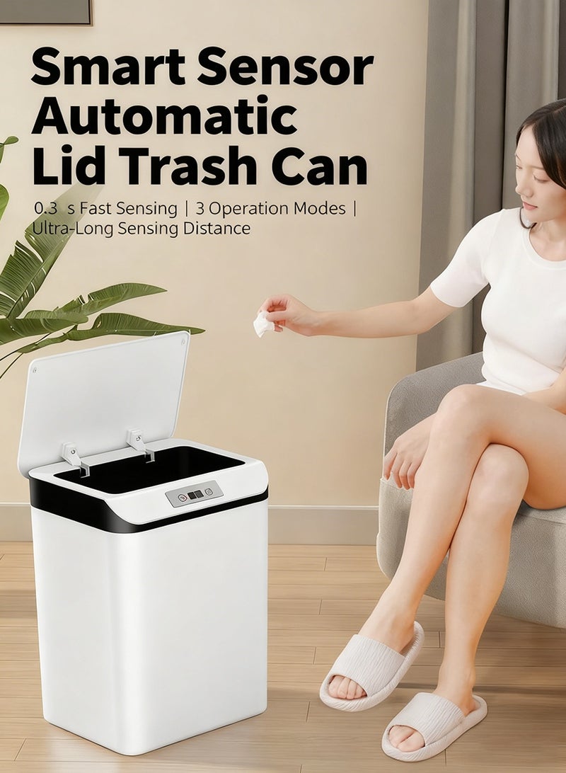 الحمام التلقائي القمامة يمكن مع الغطاء ، سلة النفايات البلاستيكية الذكية بلا لمس للحمام ، المكتب ، rv ، غرفة النوم ، غرفة المعيشة ، الأبيض - Image 1