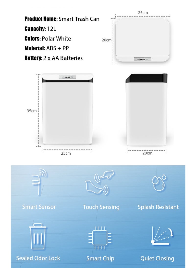 الحمام التلقائي القمامة يمكن مع الغطاء ، سلة النفايات البلاستيكية الذكية بلا لمس للحمام ، المكتب ، rv ، غرفة النوم ، غرفة المعيشة ، الأبيض - Image 2