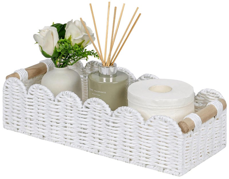 CubesLand Scalloped Edge Toilet Paper Storage Basket, Living Room Home Cozy Decor Basket, Paper Rope Small Baskets for Over Toilet Storage Shelf, End Table, Shelves, with 2 Wooden Handles, White - Image 1