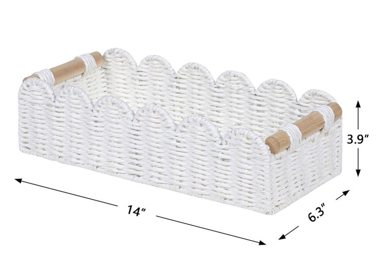 CubesLand Scalloped Edge Toilet Paper Storage Basket, Living Room Home Cozy Decor Basket, Paper Rope Small Baskets for Over Toilet Storage Shelf, End Table, Shelves, with 2 Wooden Handles, White - Image 5