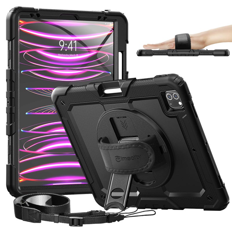 Timecity Protective Case for iPad Pro 12.9 inch 6th/ 5th/ 4th/ 3rd Generation, with Strong Protection, Screen Protector, Hand/Shoulder Strap, Rotating Stand, Pencil Holder - Black - Image 1