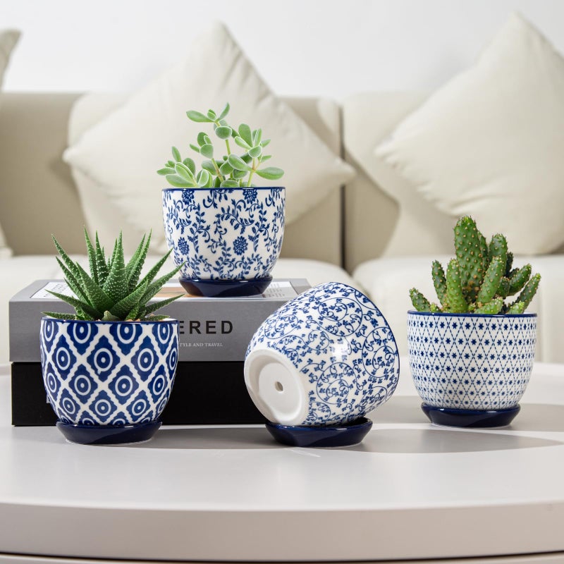 Cerkik Ceramic Succulent Planter Pots - 3.5 Inch Small Flower Pot with Drainage Holes and Saucers for Indoor Plant, Cactus, Herbs, Outdoor Plants, Home Decor, Set of 4, Vintage Blue - Image 5