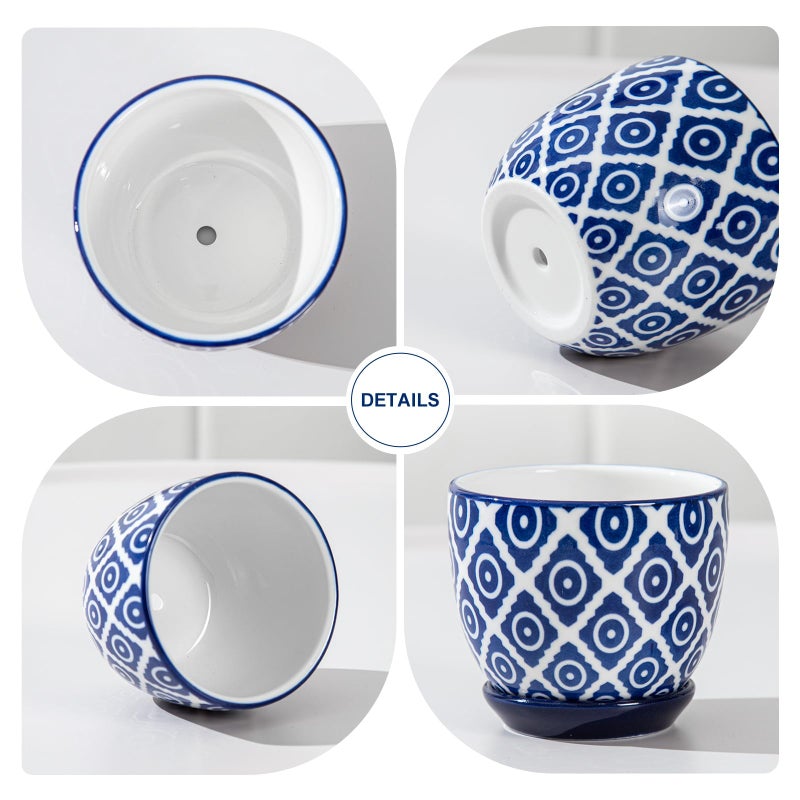 Cerkik Ceramic Succulent Planter Pots - 3.5 Inch Small Flower Pot with Drainage Holes and Saucers for Indoor Plant, Cactus, Herbs, Outdoor Plants, Home Decor, Set of 4, Vintage Blue - Image 3