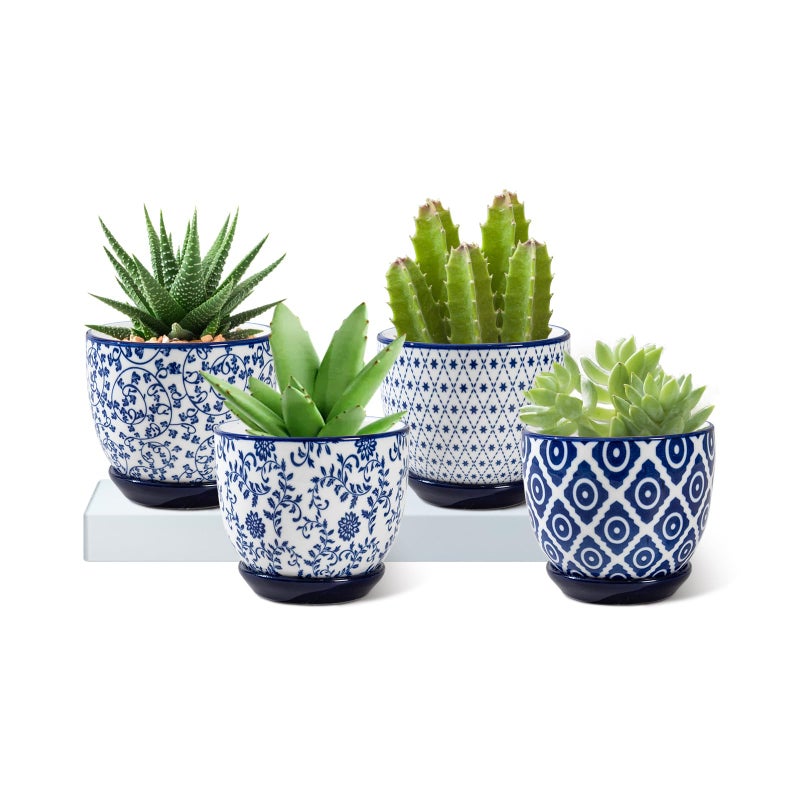 Cerkik Ceramic Succulent Planter Pots - 3.5 Inch Small Flower Pot with Drainage Holes and Saucers for Indoor Plant, Cactus, Herbs, Outdoor Plants, Home Decor, Set of 4, Vintage Blue - Image 1