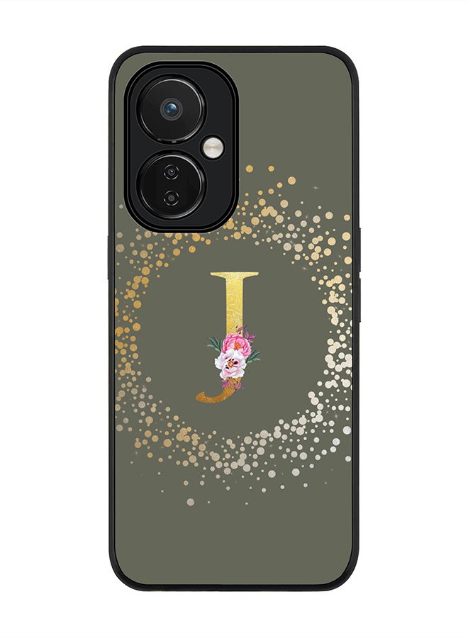 Stylizedd Rugged Black edge case for Nord CE 3 Lite Slim fit Soft Case Flexible Rubber Edges Anti Drop TPU Gel Thin Cover - Custom Monogram Initial Letter Floral Pattern Alphabet - J - Olive Green - Image 1