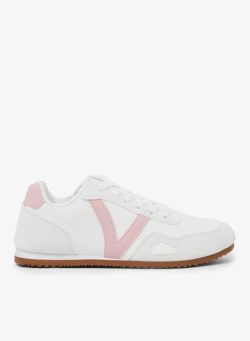 Styli Pink and White Contrast Panel Lace-Up Sneakers