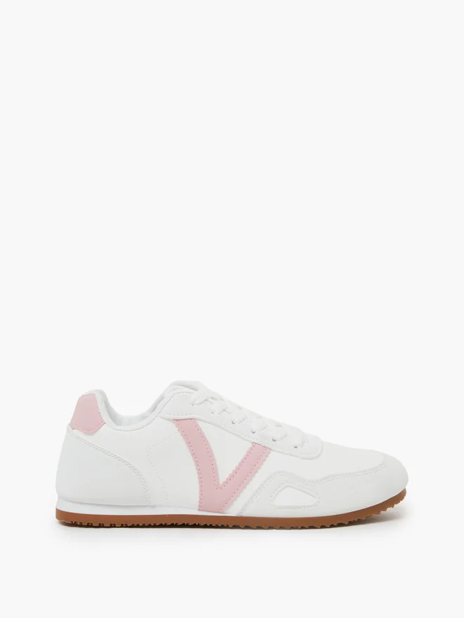 Styli Pink and White Contrast Panel Lace-Up Sneakers