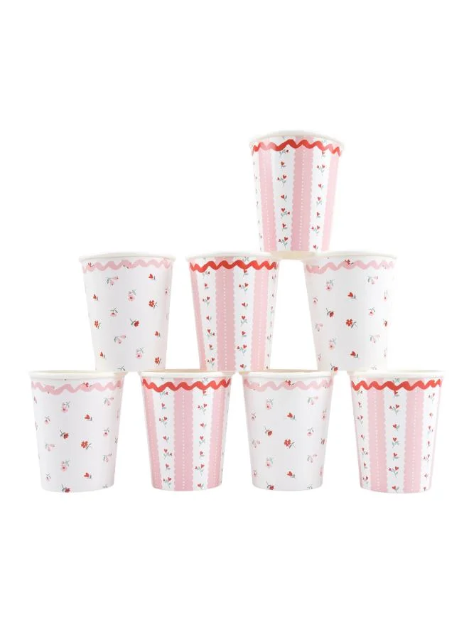 Vintage Rose Cups - Pack of 8, Hot & Cold Drink Cups with Pink & Red Floral Designs and Ric Rac Borders, Romantic Party Tableware for Birthdays, Valentine's & Celebrations