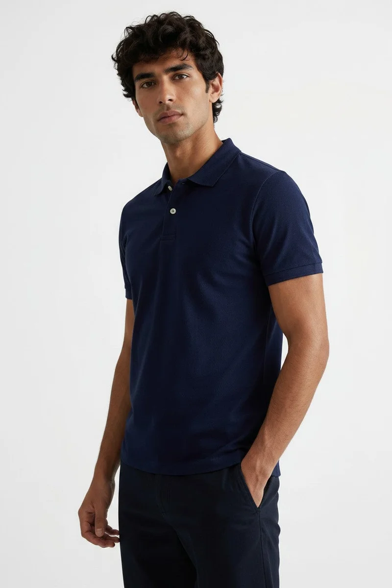 او في اس OVS Blue Pure Cotton Piquã© Polo Shirt With Classic Collar, Regular Fit