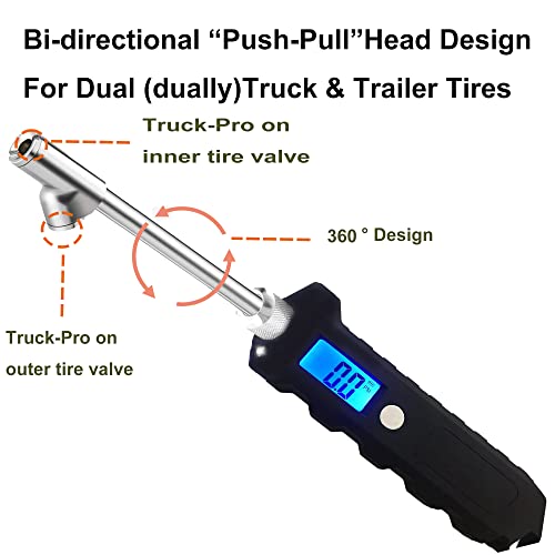 PINKJOY Digital Tire Pressure Gauge 230 PSI Heavy Duty Dual Head Stainless Steel Made for Truck and RV with Backlit LCD and Flashlight Car Accessories - Image 3
