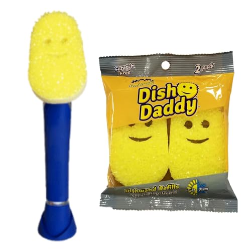 Scrub Daddy Dish Daddy Dish Wand Refill Heads Soap Dispensing Dish Brush Texture Changing Washing Up Sponge With Liquid Handle Dish Sponge with Builtin Scraper Scrubbing Head Drip stand Blue - Image 1