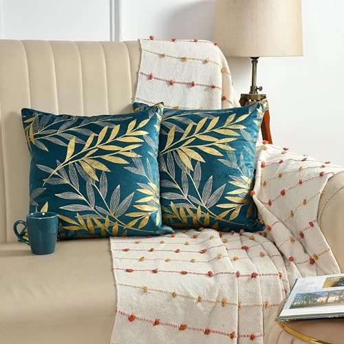 AEROHAVEN Rose Set Of 2 Gold Leaf Printed Hand Made Velvet Throw/Pillow Cushion Covers - Cc-227 - (16 X 16 Inch, Teal Green), 300 TC - Image 1