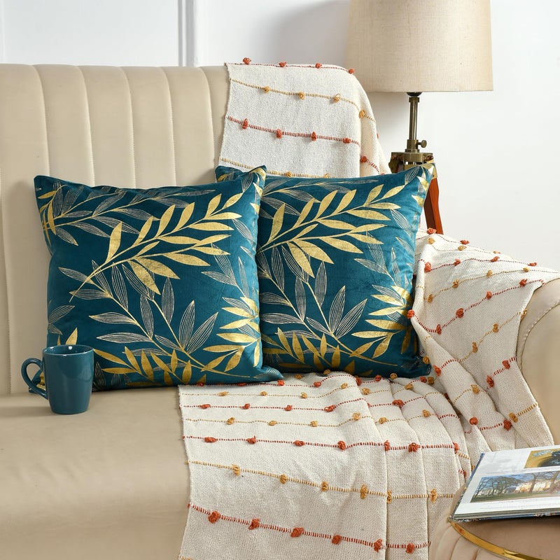 AEROHAVEN Rose Set Of 2 Gold Leaf Printed Hand Made Velvet Throw/Pillow Cushion Covers - Cc-227 - (16 X 16 Inch, Teal Green), 300 TC - Image 5