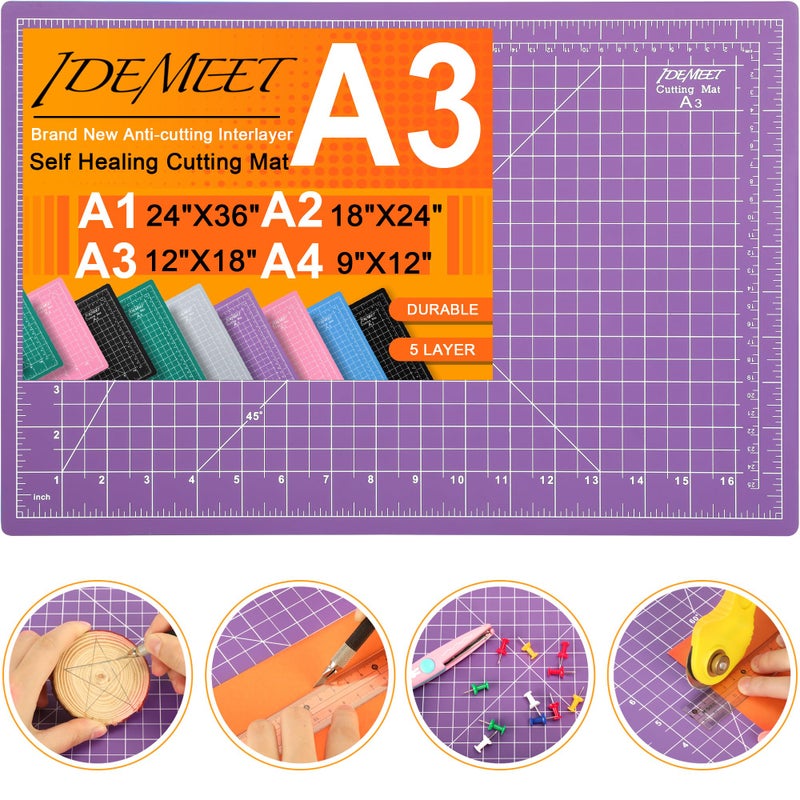 Thickened 18x12 Self Healing Cutting Mat Idemeet Rotary Cutting Sewing Mat for Crafts 5Ply Blade Table Protector Cut Board for Fabric Leather Cutting Quilting Modeling Hobby Project A3 Purple