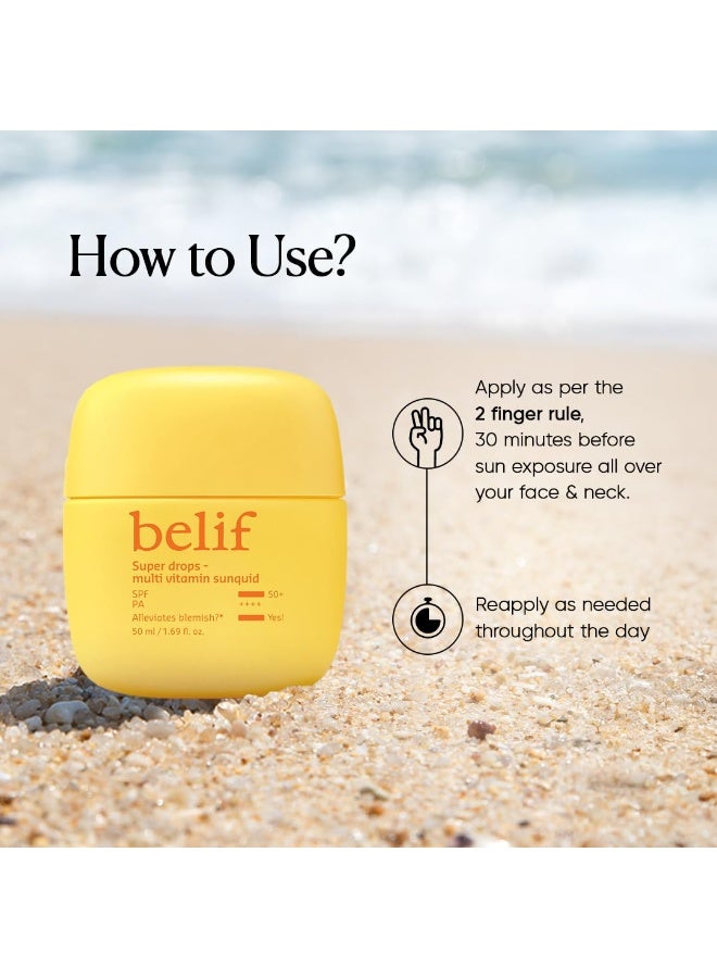 Belif Super Drops Multivitamin Sunquid SPF 50+ PA++++ | Korean Sunscreen with Vitamin C | Reduces Redness, Dullness & Dark Spots | Lightweight Sunscreen with Multi-Vitamins | 50ML - Image 3