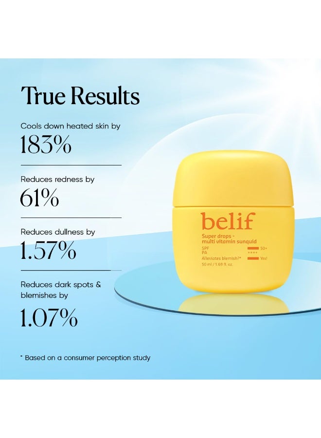 Belif Super Drops Multivitamin Sunquid SPF 50+ PA++++ | Korean Sunscreen with Vitamin C | Reduces Redness, Dullness & Dark Spots | Lightweight Sunscreen with Multi-Vitamins | 50ML - Image 2