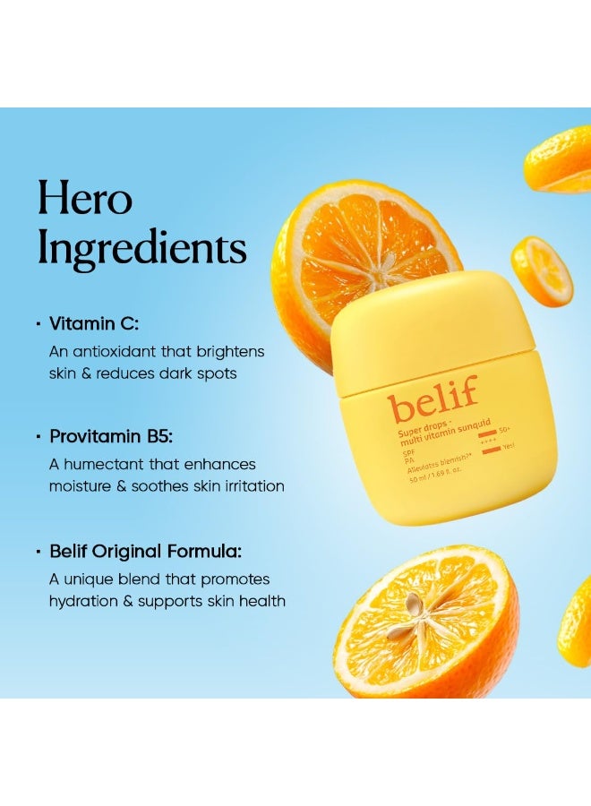 Belif Super Drops Multivitamin Sunquid SPF 50+ PA++++ | Korean Sunscreen with Vitamin C | Reduces Redness, Dullness & Dark Spots | Lightweight Sunscreen with Multi-Vitamins | 50ML - Image 4