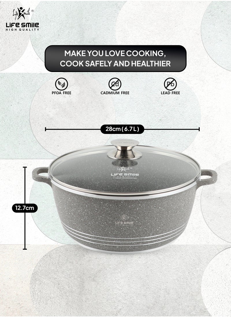 Life Smile - 28cm (6.7 Liter) LIFE SMILE Cooking Pot | aluminum Soup Pot With Glass Lid | 100% PFOA Free, Fixed Handle | Multi Layer Non-Stick Granite Coating | oven safe - Image 1