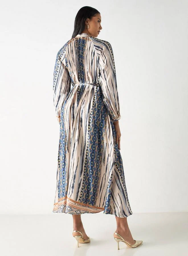 2Xtremz 2Xtremz All-Over Print Maxi A-line Dress with Mandarin Collar and Tie-Ups