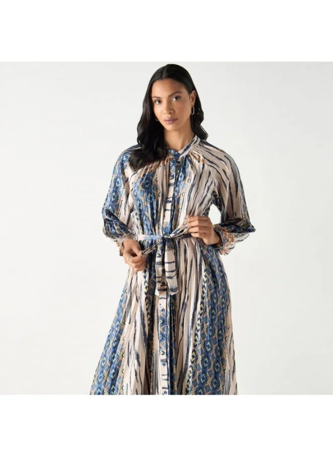 2Xtremz 2Xtremz All-Over Print Maxi A-line Dress with Mandarin Collar and Tie-Ups