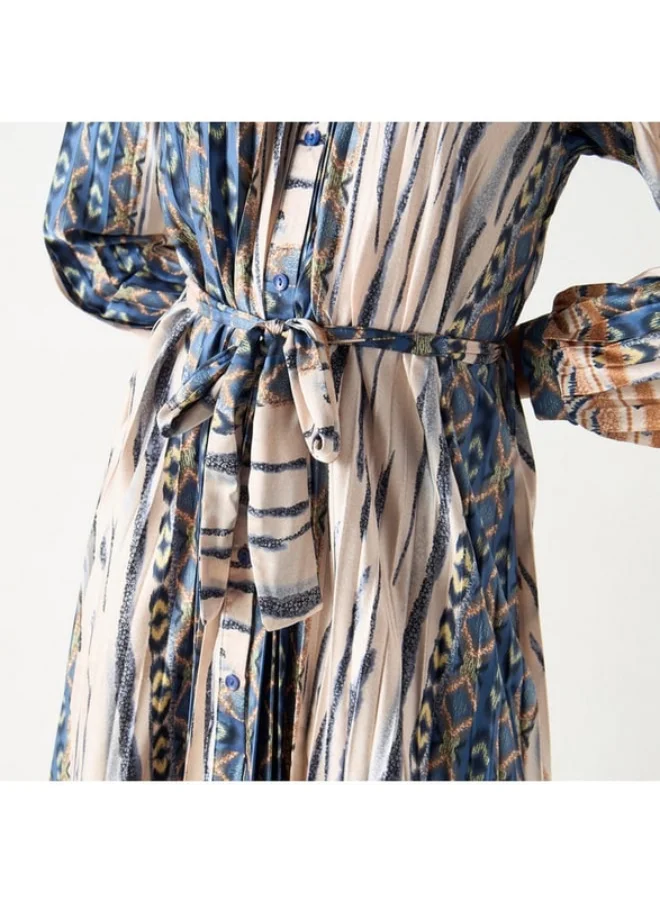 2Xtremz 2Xtremz All-Over Print Maxi A-line Dress with Mandarin Collar and Tie-Ups