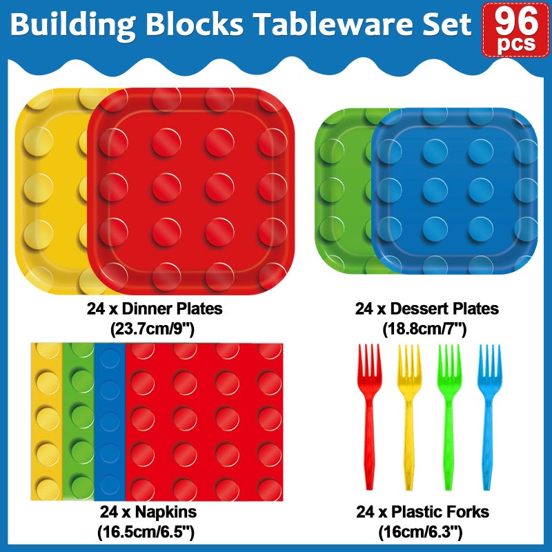 OBUSATT 96PCS Building Block Party Supplies Building Bricks Themed Party Plates and Napkins Colorful Blocks Bricks Square Paper Dinner Desert Plates for Birthday Party Favor Supplies Serve 24 Guests - Image 2