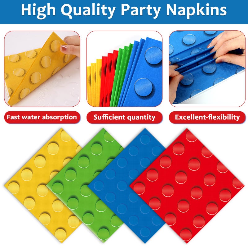 OBUSATT 96PCS Building Block Party Supplies Building Bricks Themed Party Plates and Napkins Colorful Blocks Bricks Square Paper Dinner Desert Plates for Birthday Party Favor Supplies Serve 24 Guests - Image 4