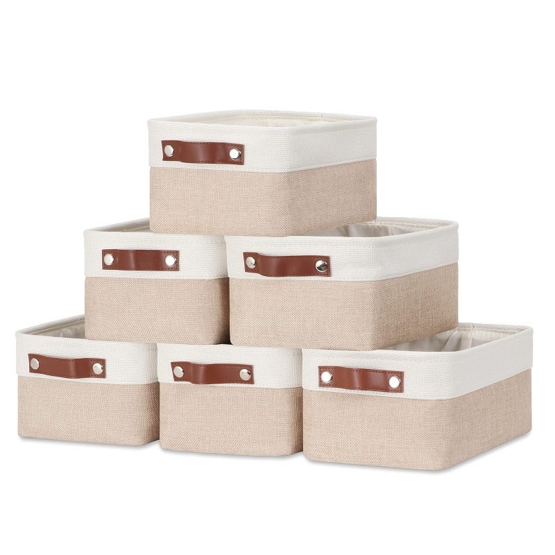 DULLEMELO Small Storage Bins Storage Baskets for Organizing Collapsible Rectangular Fabric Baskets for Shelves Closets Nursery Home Office Empty Gift Baskets 6Pack WhiteKhaki