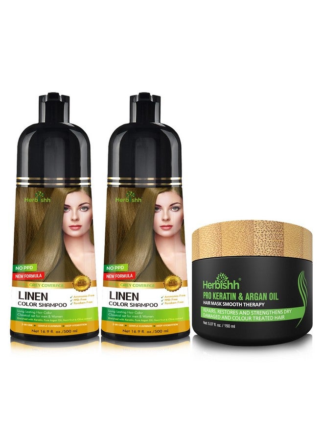 Herbishh Combo Pack - Herbishh Hair Color Shampoo for Gray Hair + Argan Intense Hair Mask - Long-Lasting Color in Minutes - Stimulates Dry, Frizzy Hair - 500 Ml (Linen) - Image 1