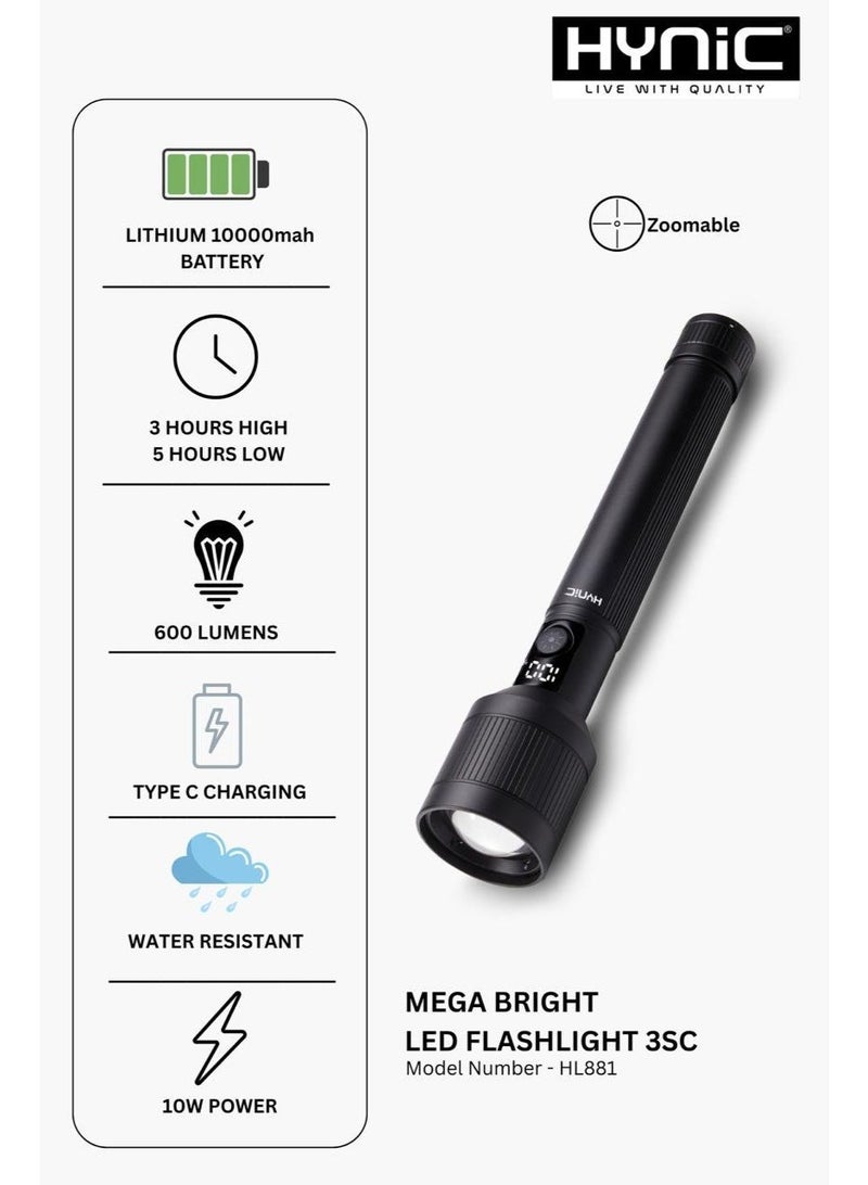 هاينك مصباح LED فائق السطوع – 600 لومن، بطارية قابلة لإعادة الشحن بسعة 10000 مللي أمبير مع شاشة طاقة رقمية وشعاع قابل للتكبير - Image 1