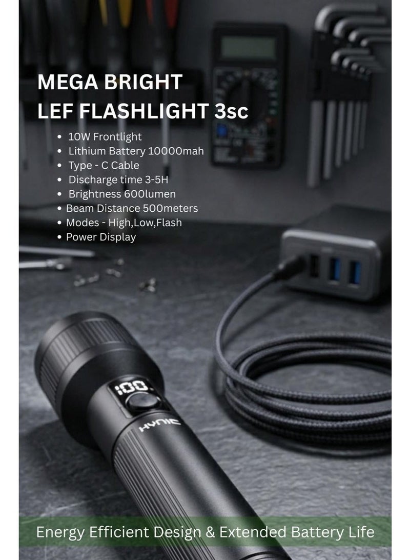 هاينك مصباح LED فائق السطوع – 600 لومن، بطارية قابلة لإعادة الشحن بسعة 10000 مللي أمبير مع شاشة طاقة رقمية وشعاع قابل للتكبير - Image 3