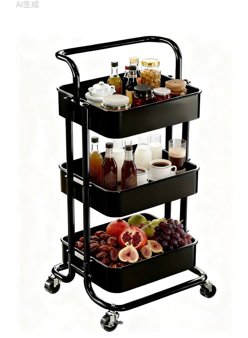 ChenDa 3 Tier Mesh Utility Cart with Handles & Lockable Wheels Rolling Metal Organizer Cart for Kitchen Living Room Office Multipurpose Storage Shelf Black - Image 1