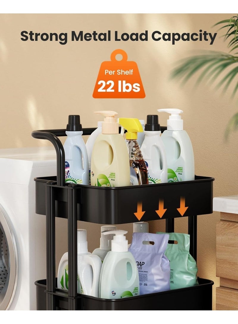 ChenDa 3 Tier Mesh Utility Cart with Handles & Lockable Wheels Rolling Metal Organizer Cart for Kitchen Living Room Office Multipurpose Storage Shelf Black - Image 4