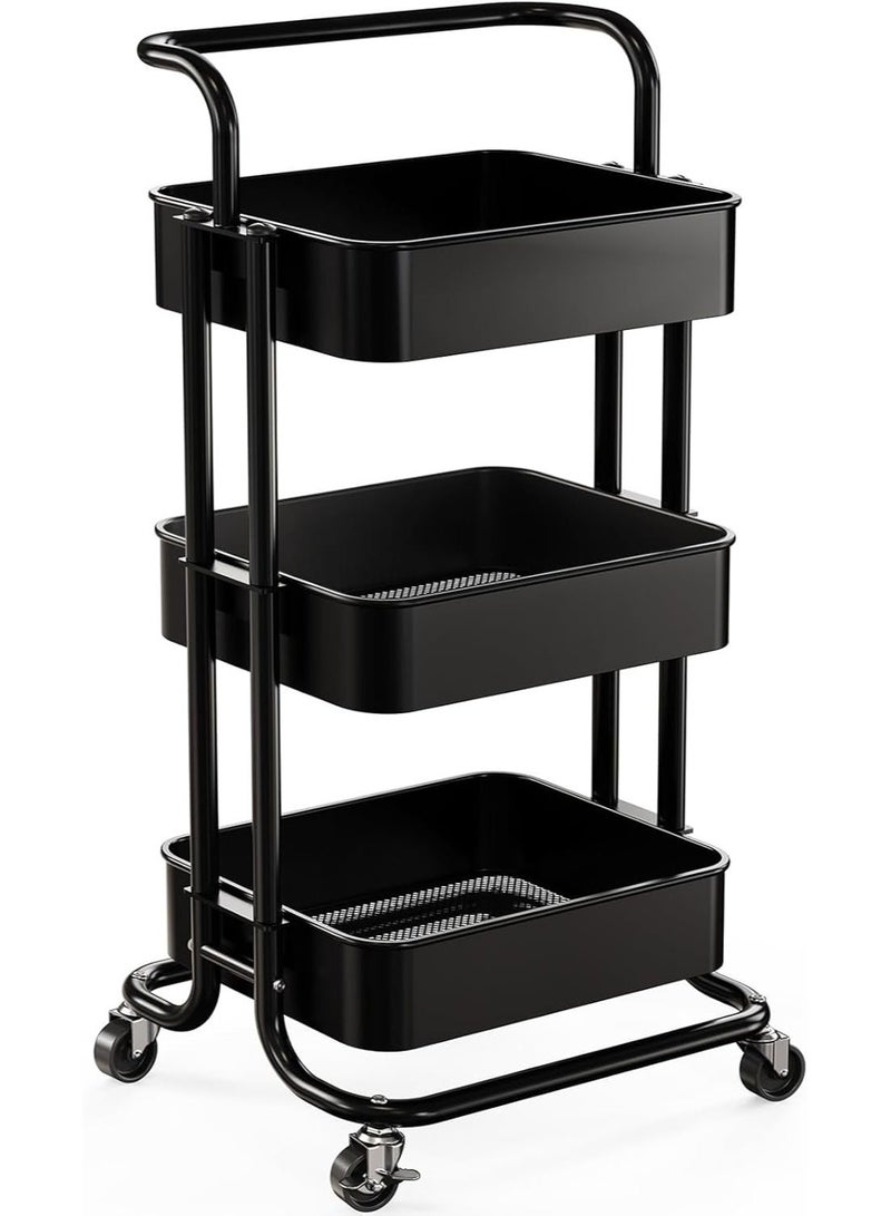 ChenDa 3 Tier Mesh Utility Cart with Handles & Lockable Wheels Rolling Metal Organizer Cart for Kitchen Living Room Office Multipurpose Storage Shelf Black - Image 2