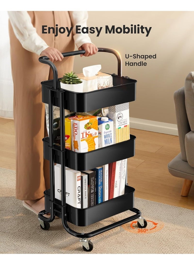 ChenDa 3 Tier Mesh Utility Cart with Handles & Lockable Wheels Rolling Metal Organizer Cart for Kitchen Living Room Office Multipurpose Storage Shelf Black - Image 3