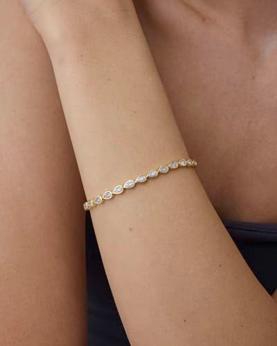 PAVOI 14K Yellow Gold Plated Simulated Diamonds Bezel Set Tennis Bracelets for Women - Cubic Zirconia Stones Pear Statement Bride Gold Bracelet Stack - Size 6.5" - Image 2
