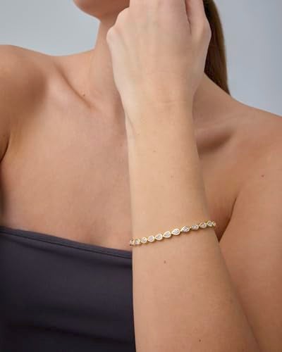PAVOI 14K Yellow Gold Plated Simulated Diamonds Bezel Set Tennis Bracelets for Women - Cubic Zirconia Stones Pear Statement Bride Gold Bracelet Stack - Size 6.5" - Image 3